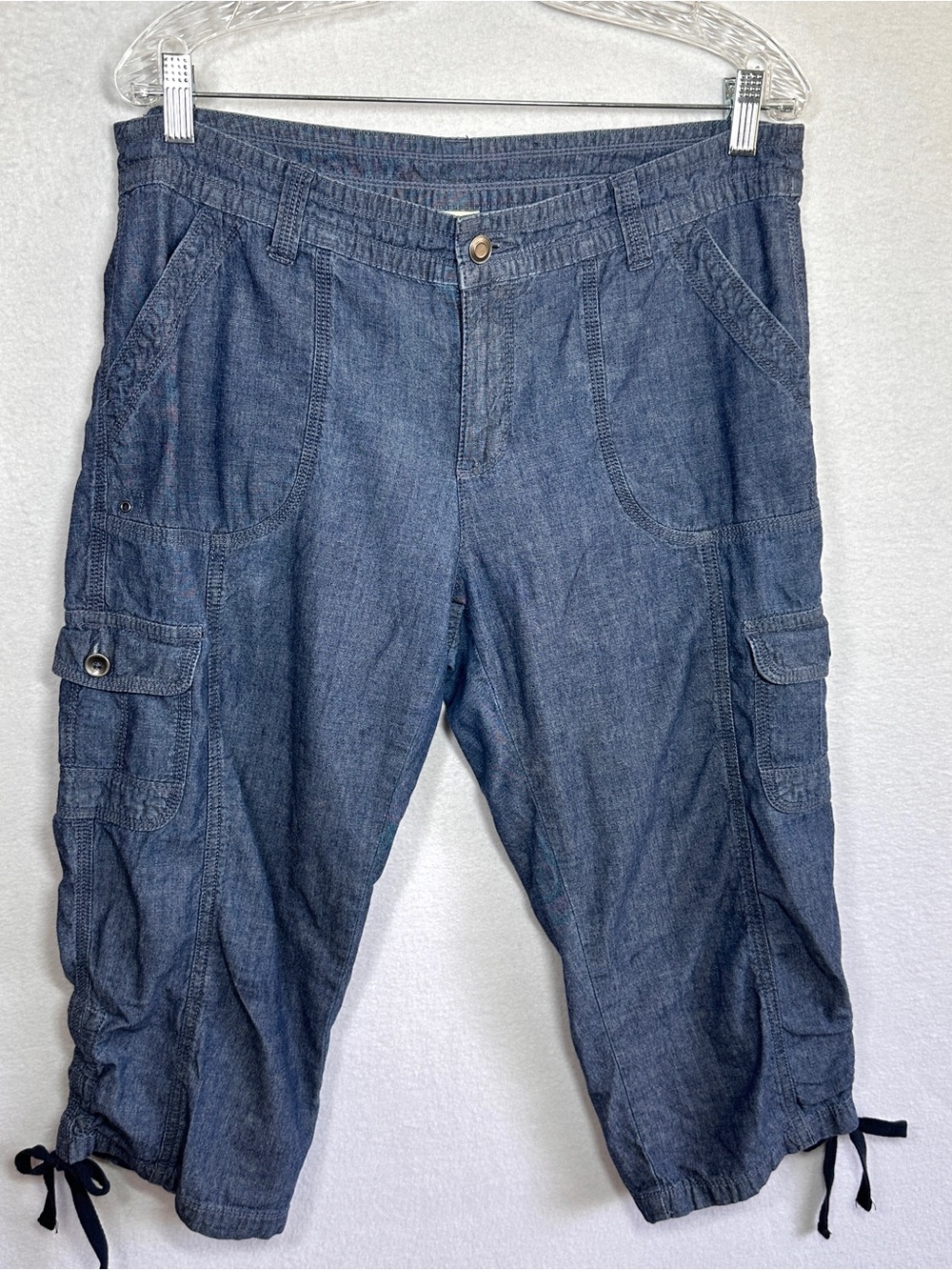 Faded Glory Denim Capris Capri Pants 14 Blue 100% Cotton Leg Ties Pockets